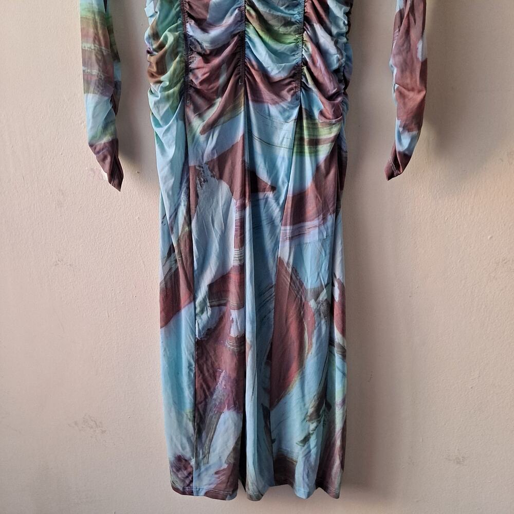 Anthropologie Printed Mesh Dress Long Sleeve Midi Bodycon Blue Brown Size M NWT - Picture 8 of 13